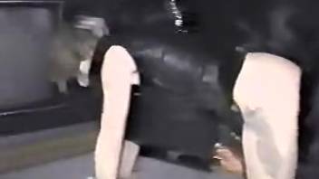 Mature woman attempts shoving a huge slab of canine cock into her stretched-out vagina