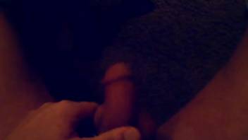 Aroused guy masturbates as the dog licks his testicles