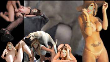 Aroused canine penetrates owner's rear end in doggy position