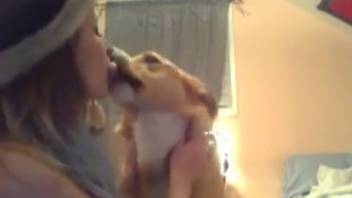 Canine tongues cutie's boobs and slit during her private webcam performance